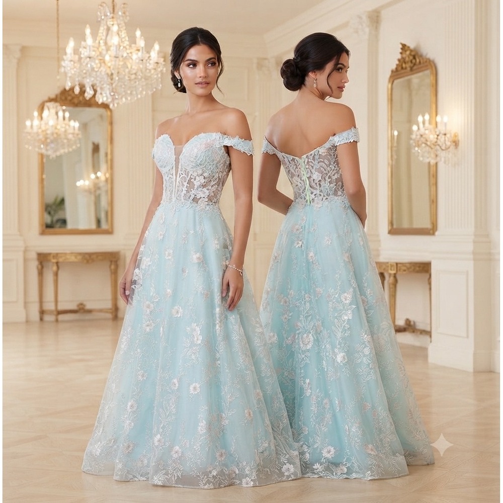 Morrell Maxie Size 4 Aqua White Floral Lace Off Shoulder Formal Gown